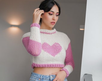 Wool Blend Knit Sweater, Pink Heart, Pink White Knitted Jumper, Chunky Knit Sweater for Women, Handmade Chunky Long Sleeve Sweater