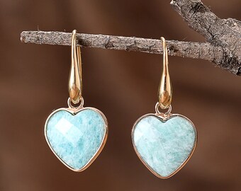 Amazonite Gemstone Earrings,Gemstone Drop Earrings,Heart Earrings Dangle,Dangle Healing Drop Earrings