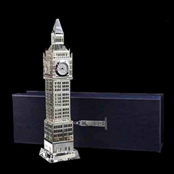 Crystal London Icon Horloge Big Ben couleur argent avec lumières Présentoir britannique de collection britannique pour chambre à coucher, bureau, cuisine, cadeau souvenir