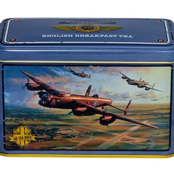 New English Teas Lancaster Bomber Tea Tin with Breakfast Bags, 40 Count Air Force War Plane Bomber Collection Gift