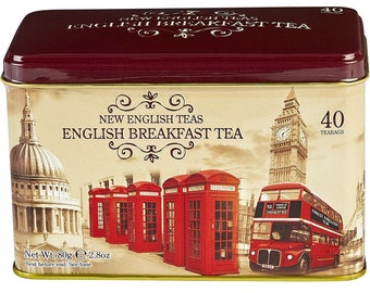 New English Teas Vintage London Tea Tin with 40 English Breakfast teabags London Souvenir Tea Gift