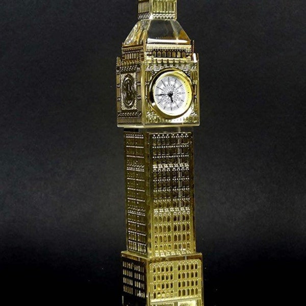 Big Ben de cristal dorado con un reloj de trabajo - Mediano 17 cm Regalo de recuerdo de Londres Modelo de Big Ben de cristal