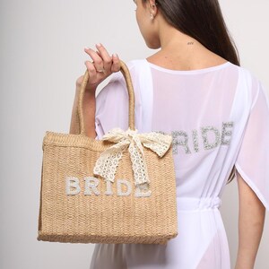Personalized Bridal Straw Tote Bag with Pearls & Fringe