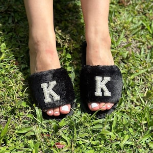 Personalized Fluffy Slippers: Bridal Pearl Gift, Furry Bachelorette Slippers