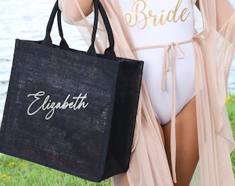 Personalized Black Beach Bag: Coastal Bachelorette Party Tote
