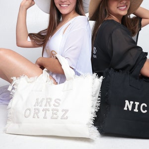 Tote for Bride, Bridesmaid Tote, Gift for Bride, Honeymoon Bag, Honeymoon gift for Bride, Personalized Bride Tote, Fringe Bag with pearls