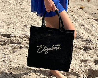 Custom Black Beach Tote Bag, Personalized Bridesmaid Gift