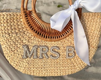 Personalized Pearl Patch Straw Beach Bag - Custom Bridal Gift