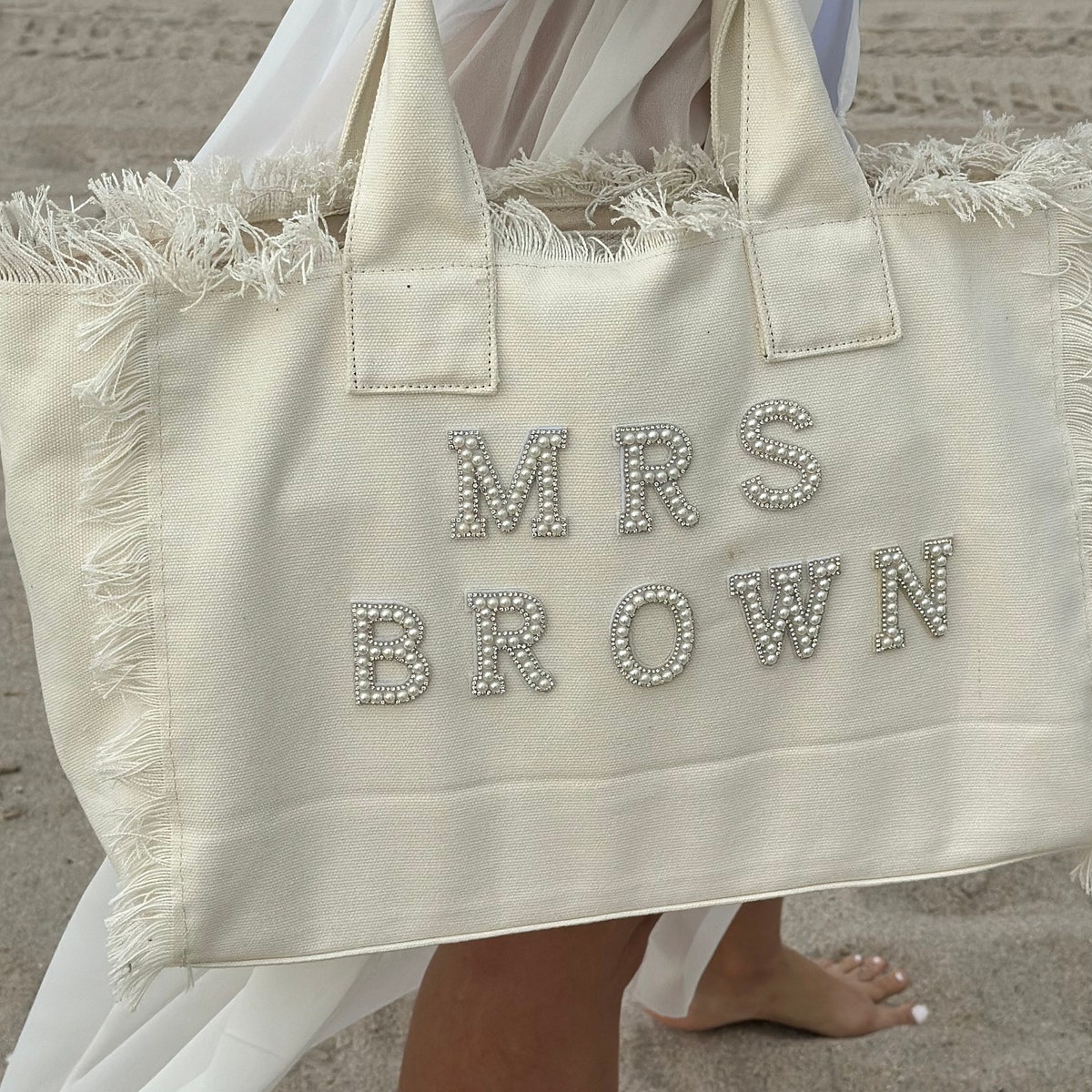Personalized Pearl Fringe Tote Bag: Bridal Gift, Honeymoon Accessory - Etsy
