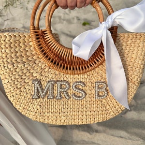 Personalized Pearl Patch Straw Beach Bag - Custom Bridal Gift