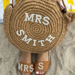 Custom Mrs. Straw Beach Bag: Pearl Letter Patches, Bridal Gift