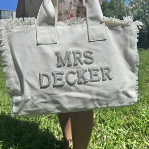Personalized Bride Tote: Fringe Bag with Pearls, Honeymoon Gift