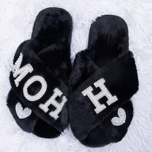 Handmade Fluffy Black Slippers: Custom Initial Gift