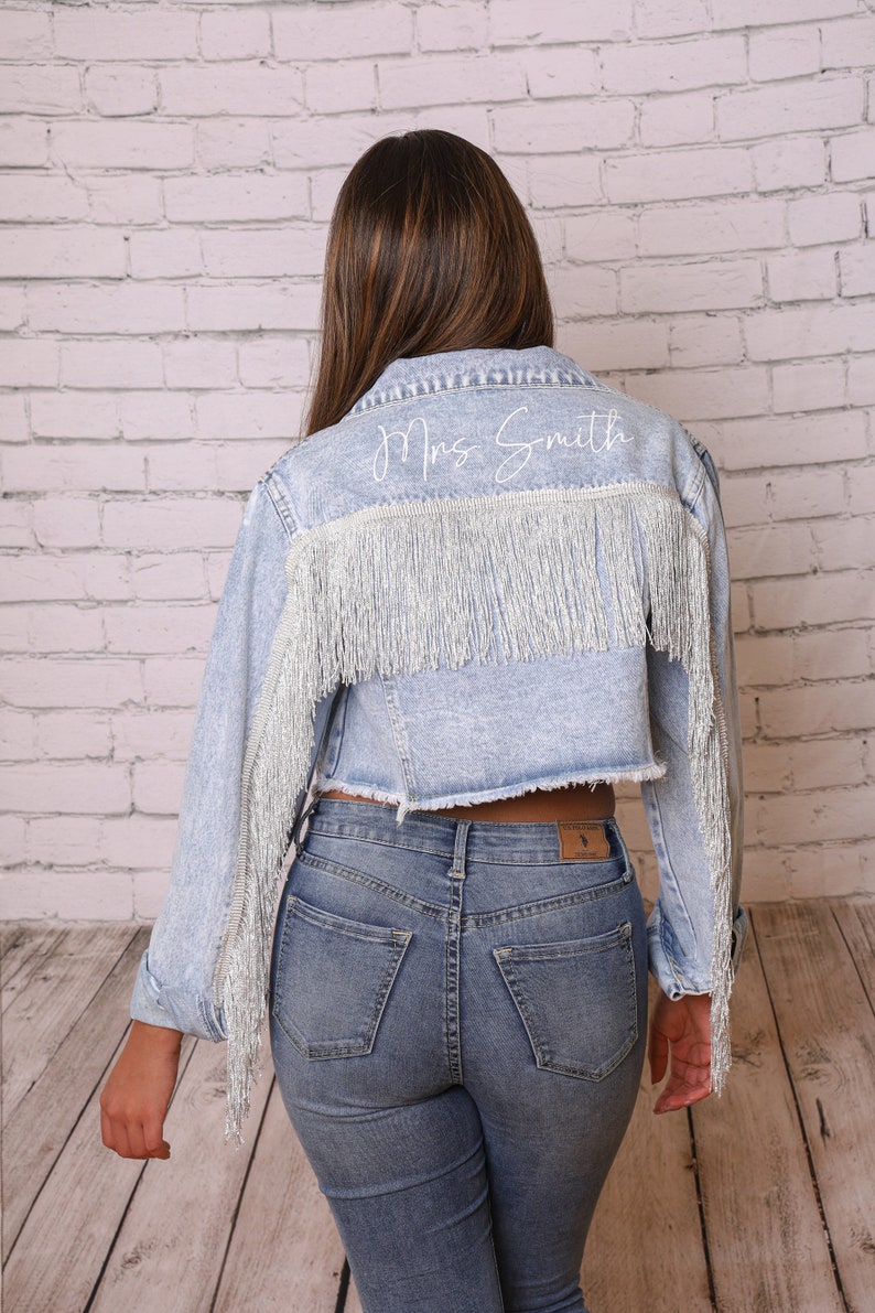 Denim Fringe Crop Jacket Bride Jean Jacket Fringe Mrs Etsy