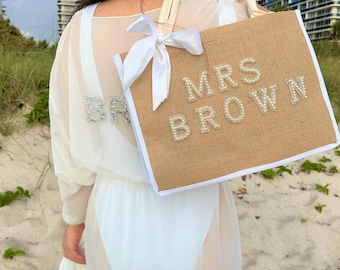 Personalized Bridesmaid Pearl Tote Bag – Wedding Beach Accessory