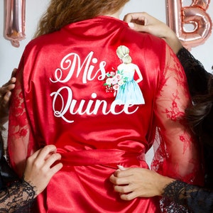 QUINCEANERA ROBE, DELICATE Lace Robe, Beautiful Romantic Red Satin Birthday Girl Floral Robe with Belt, Sweet 16 Gifts for Birthday