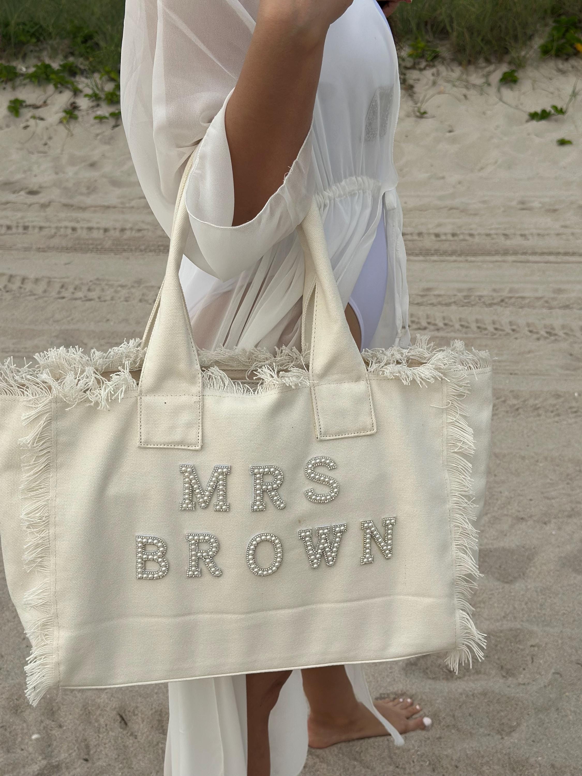 Personalized Bridesmaid & Bride Tote – Fringe Bag with Pearls for Honeymoon and Wedding