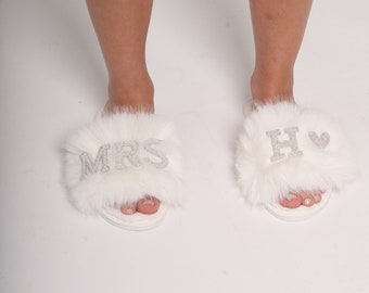 Personalized Bride Pearl Slippers, Fluffy Wedding Gift