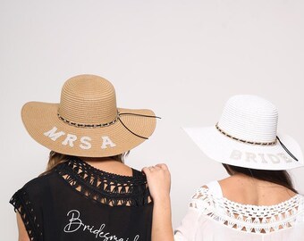 Personalisierter Braut Sonnenhut - Eleganter Strandhut mit Perlenbeschriftung