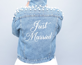 Bridal Denim Jacket with Pearl Text: Bride-to-Be Gift