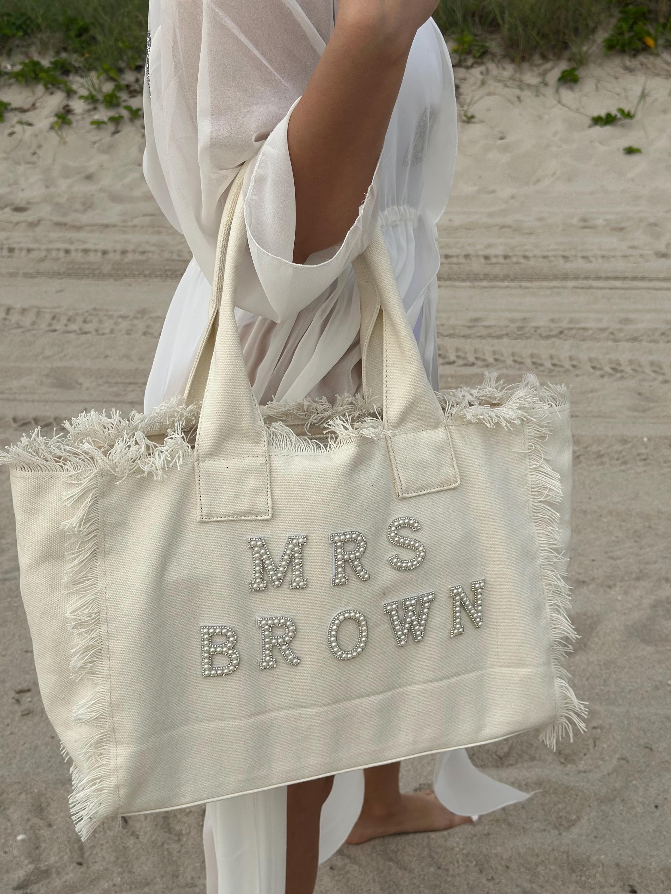 Personalized Bridesmaid & Bride Tote – Fringe Bag with Pearls for Honeymoon and Wedding