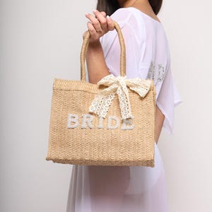 Elegant Custom Bridal & Bridesmaid Tote – Personalized Straw Wedding and Honeymoon Bag