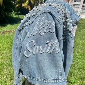 Custom Bridal Denim Jacket with Pearls – Personalized Mrs. Jean Jacket Wedding Gift
