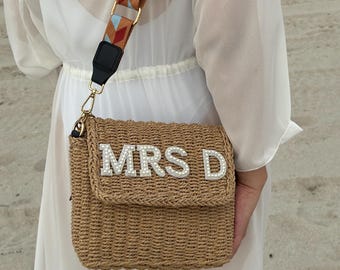 Personalized Straw Beach Bags with pearls - Custom Bridal Shower & Tote Baskets