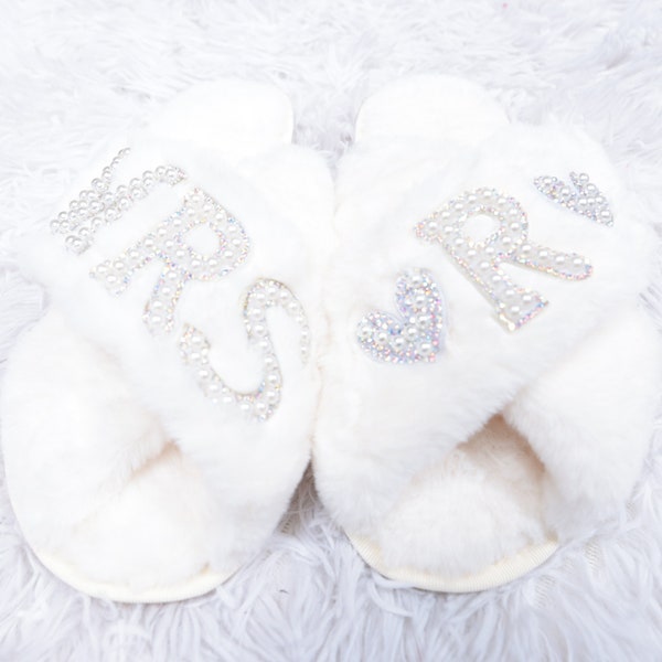 Bride Slippers, Bachelorette Party Gift, I Do Slippers, Fluffy Cross Pearls slippers, Custom Slippers-patches Bride Gift, Bridal Shower Gift