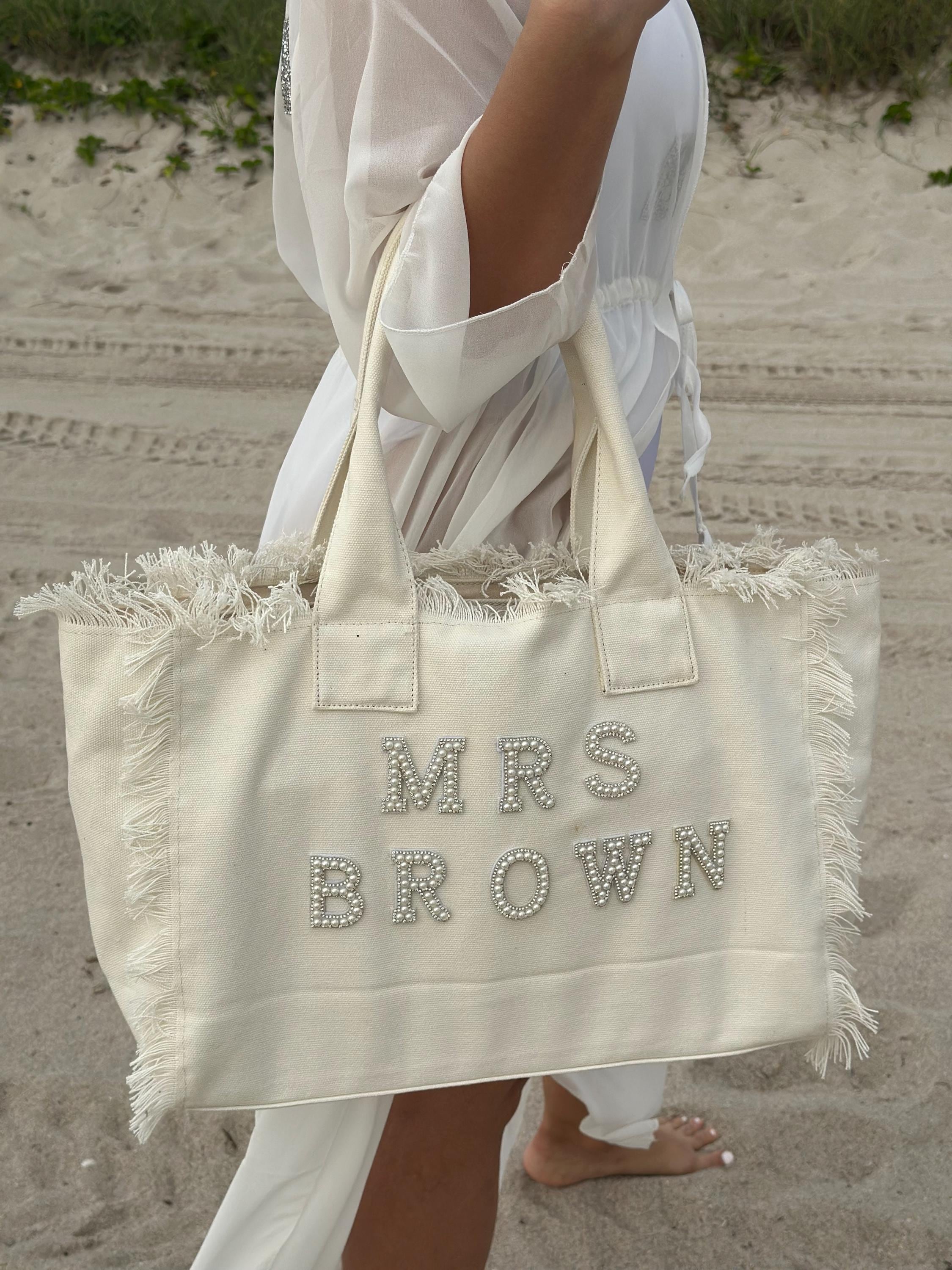 Personalized Bridesmaid & Bride Tote – Fringe Bag with Pearls for Honeymoon and Wedding