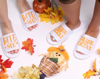 HALLOWEEN PARTY, Spa Slippers | 'Bite Me' and Trick or Treat Cozy Footwear