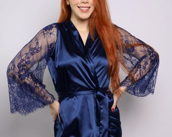 Personalized Lace Sleeve Satin Robe - Bridal Party Gift