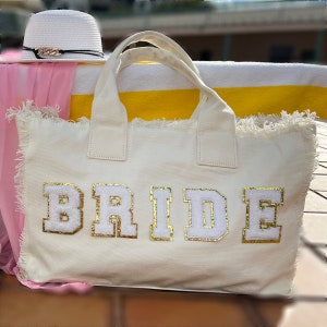 Bride fringe tote bag, Bride Gift, Bride to be Gifts, Wedding Gifts, Honeymoon gifts, Bridesmaids Tote Bags, Beach bags with letter patches