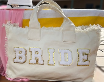 Bride fringe tote bag, Bride Gift, Bride to be Gifts, Wedding Gifts, Honeymoon gifts, Bridesmaids Tote Bags, Beach bags with letter patches