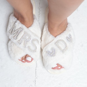 Bridal Fluffy Bride Slippers, Bachelorette Party Favor, Custom &#39;I Do&#39; Slippers with Patches, Bridal Shower Gift, Cross Strap Slippers