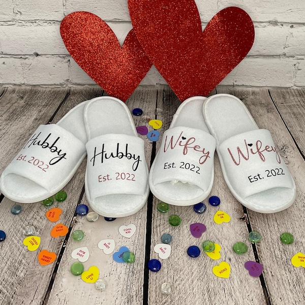 COUPLE SLIPPERS, Monogram Slippers, Personalized MATCHING Hubby Wifey Est 2022 White Cozy Slippers, Closed Toe Comfy Slippers