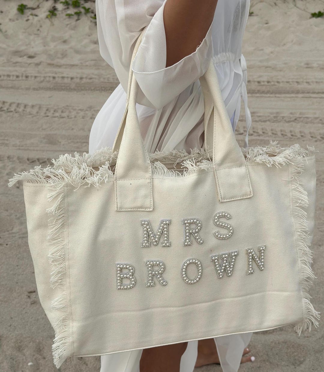 Personalized Bridesmaid & Bride Tote – Fringe Bag with Pearls for Honeymoon and Wedding