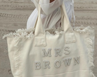Personalized Bridesmaid & Bride Tote – Fringe Bag with Pearls for Honeymoon and Wedding