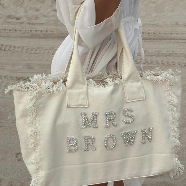 Personalisierte Brautjungfern- und Brauttasche – Fransen-Tasche mit Perlen für Flitterwochen und Hochzeit