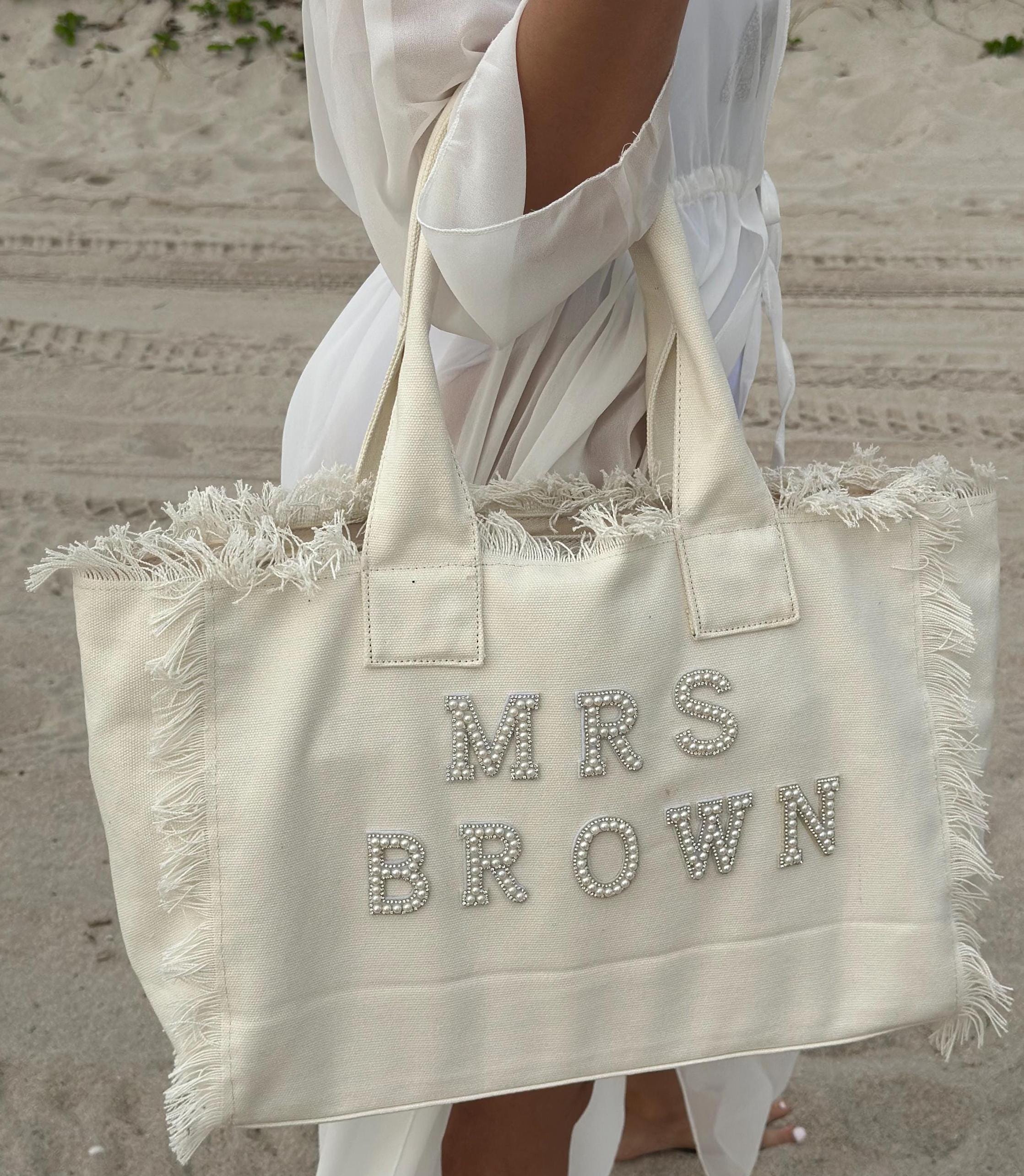 Personalized Bridesmaid & Bride Tote – Fringe Bag with Pearls for Honeymoon and Wedding