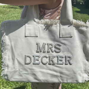 Personalized Bride Tote: Fringe Bag with Pearl Lettering