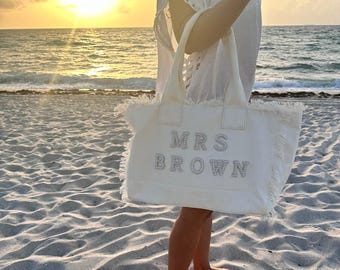 Custom Bride Tote Bag with Pearls letters: Bridal Gift