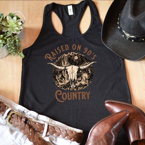 Raised on 90&#39;s Country Music Concert tank top, Cow Skull tank, Cowgirl rodeo tank top, Bull horn western tank, western concert tank,