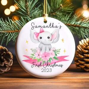 Personalized Baby's First Christmas Ornament, Custom girls name pink Elephant Christmas Ornament, New baby gift, Keepsake gift ornament,