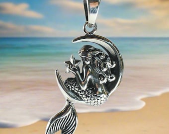 Sterling  Silver  925  Mermaid  In  Quarter  Moon  Pendant  In  Gift  Box