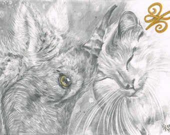 Friendship Giclée Print, the Love Story of a Cat and a Sheep Fine Art Print, Cute Animal Friends, Celtic Symbol, Graphite Artwork