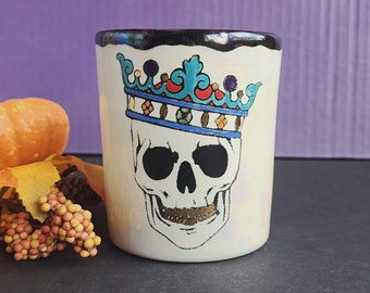 Skull Coffee Cup: Hand-Painted Stoneware Tea Mug with Gold Luster