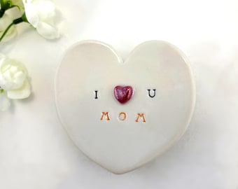 Handmade Porcelain Heart Ring Dish: I Love You Mom, Jewelry Organizer