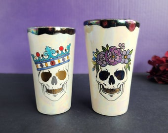 Handmade Skull Coffee Cup: Stoneware Tea Mug with Gold Glaze