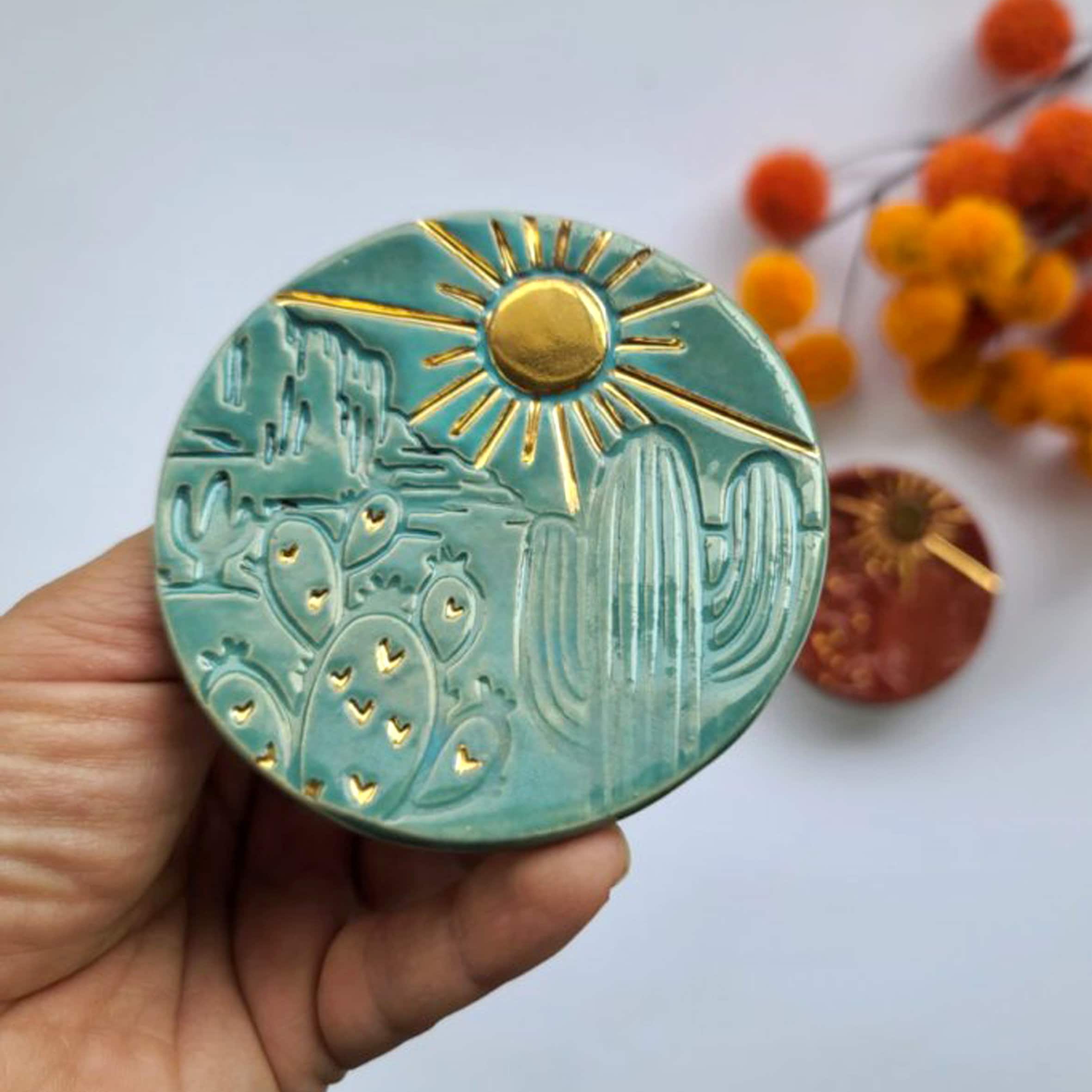 Handmade Ceramic Ring Dish: Gold Glaze Desert Trinket Holder